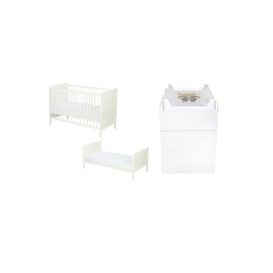 Set mobilier pentru copii, Qmini: Patut multifunctional din lemn de pin, cu somiera reglabila in 3 trepte si cu protectie pentru dentitie, Julia, 120x60 cm + Saltea cocos-burete 8 cm + Comoda cu masa infasat, Alb