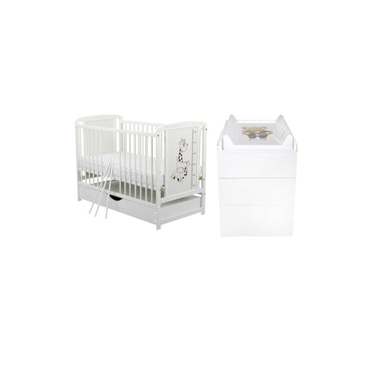 Set mobilier pentru copii, BabyNeeds: Patut cu sertar din lemn de pin si MDF, cu somiera reglabila in 3 trepte, Timmi Girafa, 120x60 cm + Saltea cocos-burete-cocos, 8 cm + Comoda cu masuta de infasat, Alb