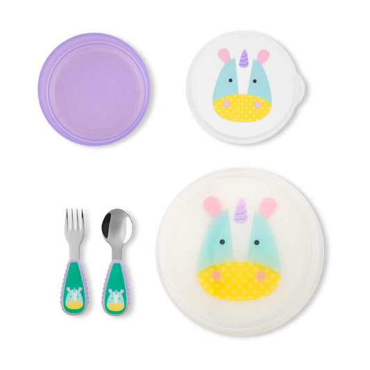 Set de masa, Skip Hop, Cu 5 piese, Include farfurie antiderapanta, bol si capac, furculita si lingura, Fara BPA, 12 luni+, Unicorn
