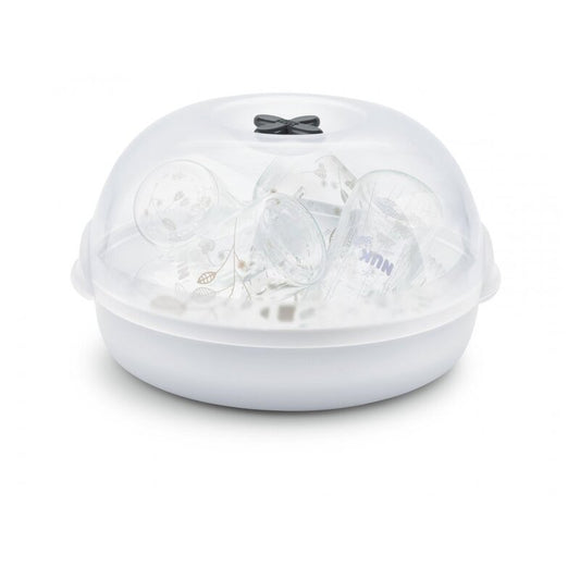 Sterilizator biberoane, Nuk, Micro Express Plus, Pentru cuptorul cu microunde, Pana la 4 biberoane 300 ml si accesorii, Timp 4 minute la 1000 W, Include clesti pentru indepartare igienica, White