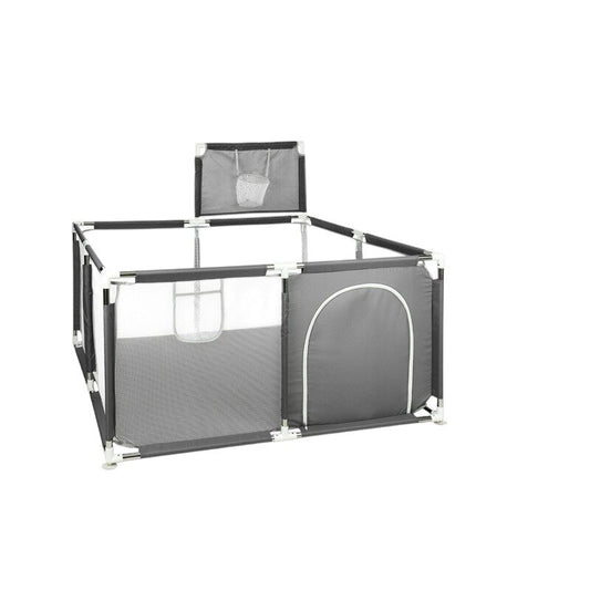 Tarc de joaca copii, Primabobo, 126 x 126 cm, Pliere compacta, Include cos de baschet, Din plasa, Cu intrare laterale si fermoar, Cu ventuze pentru stabilitate, Gri