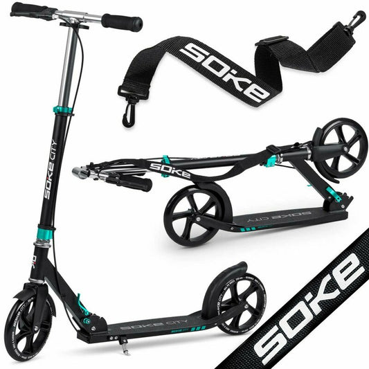 Trotineta de oras, Clasica, cu 2 roti, frana de mana, Soke, City, Aluminiu, Greutate maxima utilizator 100 Kg, Negru/Turcoaz